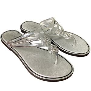 Fashion Womens 7.5 Silver Rhinestone Thong Flat Flip Flop Slip On Sandal Shoes